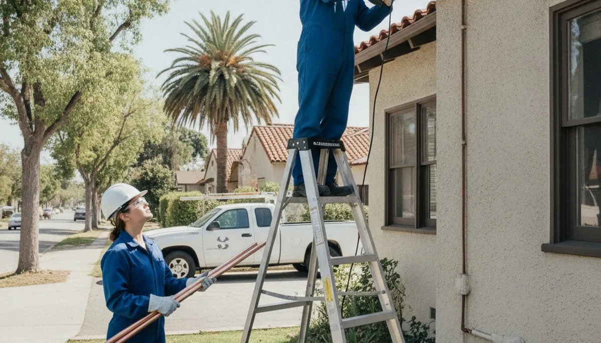 Orange, CA plumbing repair technician servicing a residential pipe leak