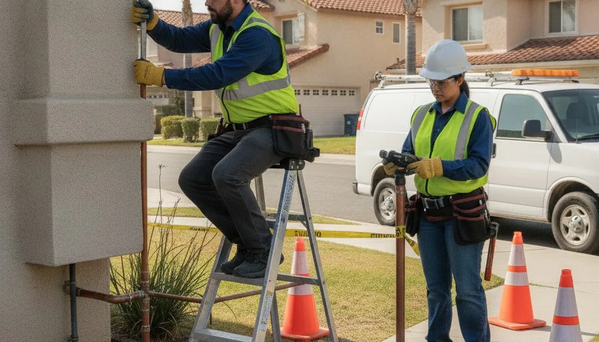 Orange, CA plumbing repair technician servicing a residential pipe leak